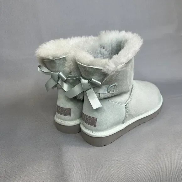 Womens Ugg Boots Sz 8 Ice Blue Bailey Bow Mini Suede Sherpa Coquette Festival - Picture 9 of 13